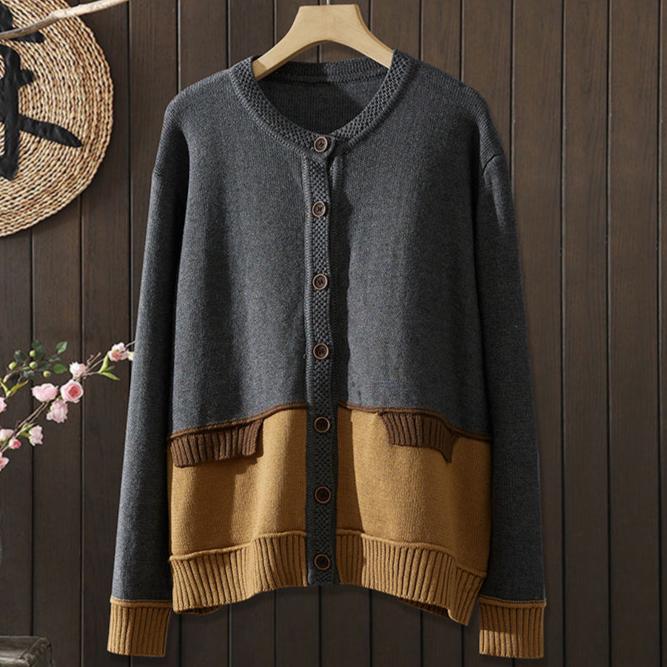 Babakud Women Autumn Color Stitching Cotton Knitted Buttoned Sweater