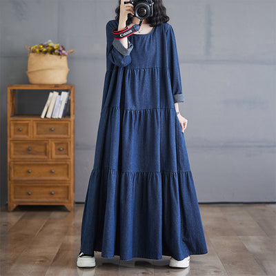 Babakud Women Autumn Retro Casual Loose A- Line Denim Dress