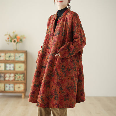 Women Winter Cotton Linen Vintage Printed Quilted Coat