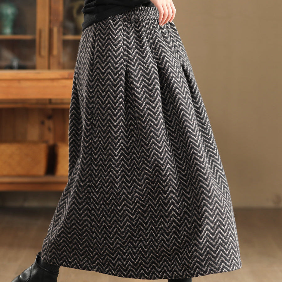 Babakud Women Winter Retro Wool Blend Jacquard A-Line Skirt