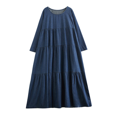 Babakud Women Autumn Retro Casual Loose A- Line Denim Dress