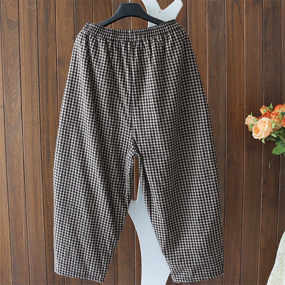 Women Winter Vintage Quilted Plaid Warm Cotton Harem Pants