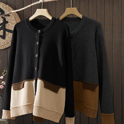 Babakud Women Autumn Color Stitching Cotton Knitted Buttoned Sweater