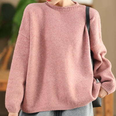 Babakud Women Autumn Retro Solid Colors Knitted Pullover Top