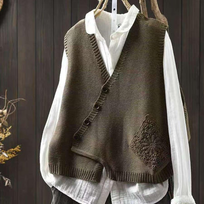 Women Spring Lace Appliqué Knit Loose-Fit Layered Vest