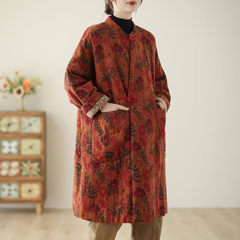 Women Winter Cotton Linen Vintage Printed Quilted Coat