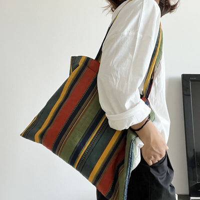 Babakud Retro Rainbow Striped Cotton Linen Shoulder Bag