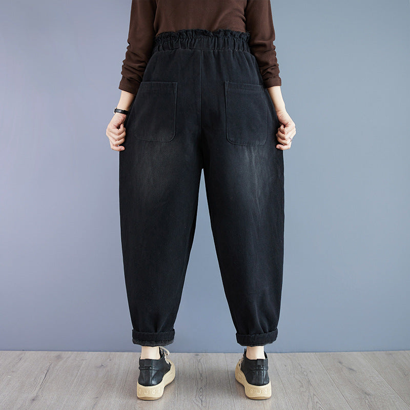 Babakud Women Winter Embroidered Fleece-Lined Retro Denim Harem Pants