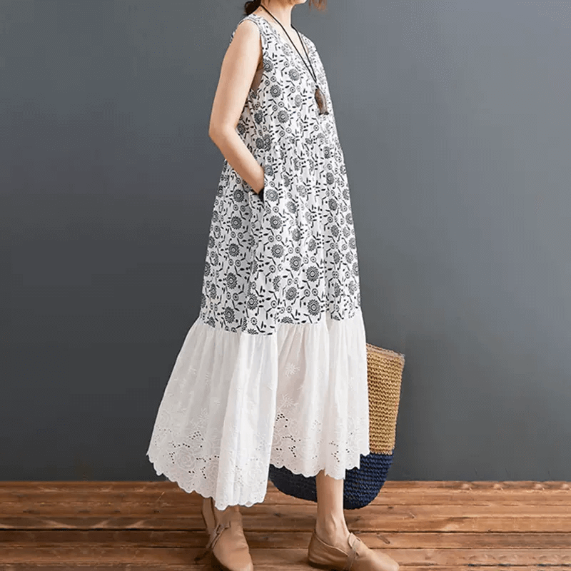 Babakud Women Charm Lace Floral Cotton Linen Dress