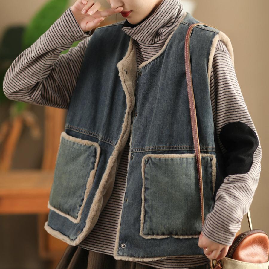 Babakud Women Winter Retro Thickened Denim Reversible Vest