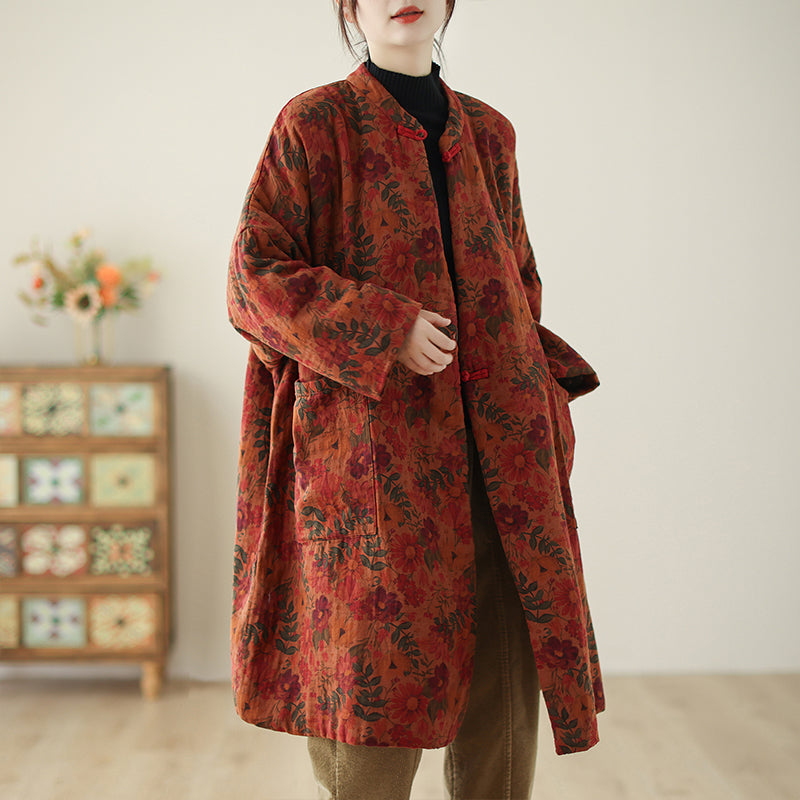 Women Winter Cotton Linen Vintage Printed Quilted Coat