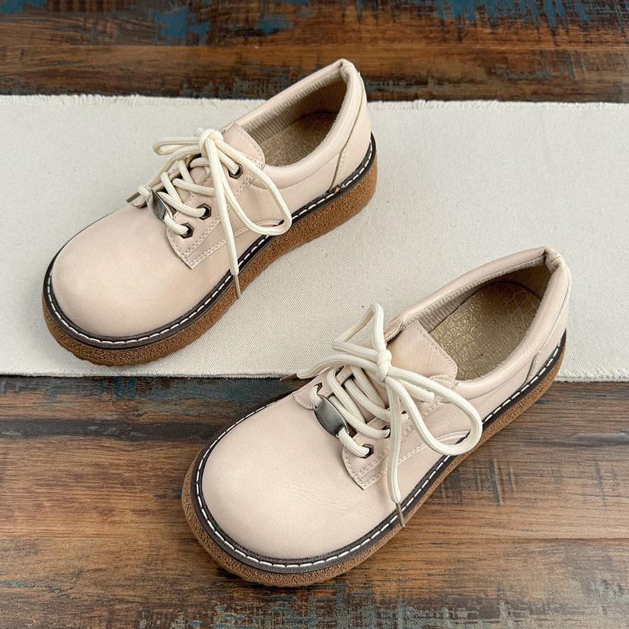 Women Spring Retro Leather Lace-Up Platform Casual Shoes