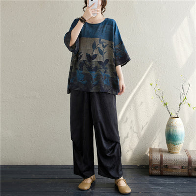 Babakud Women Spring Vintage Cotton Linen Printed T-Shirt