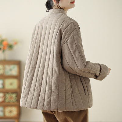 Babakud Women Winter Retro Plain Cotton Linen Quilted Jacket