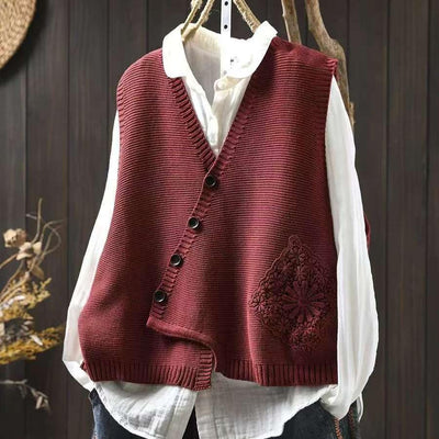 Women Spring Lace Appliqué Knit Loose-Fit Layered Vest