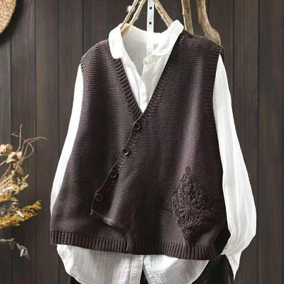 Women Spring Lace Appliqué Knit Loose-Fit Layered Vest