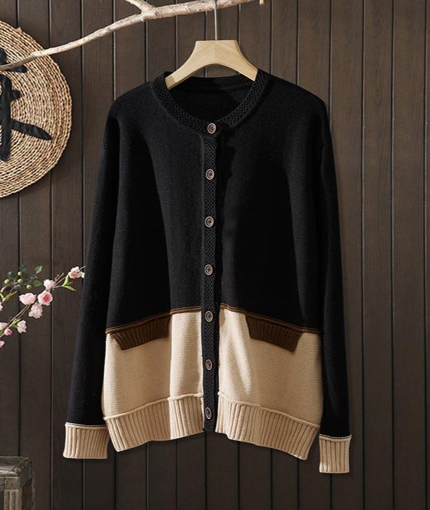 Babakud Women Autumn Color Stitching Cotton Knitted Buttoned Sweater