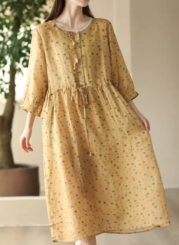 Babakud Women Summer Retro Floral Linen A-Line Dress