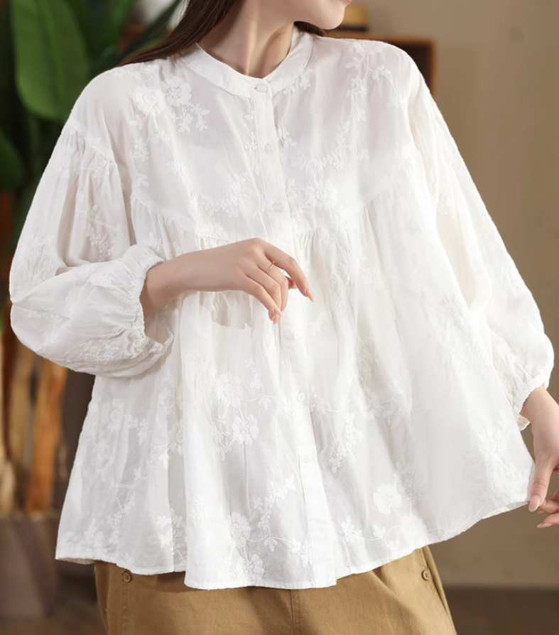 Babakud Women Autumn Style Literary Cotton Embroidered Shirt