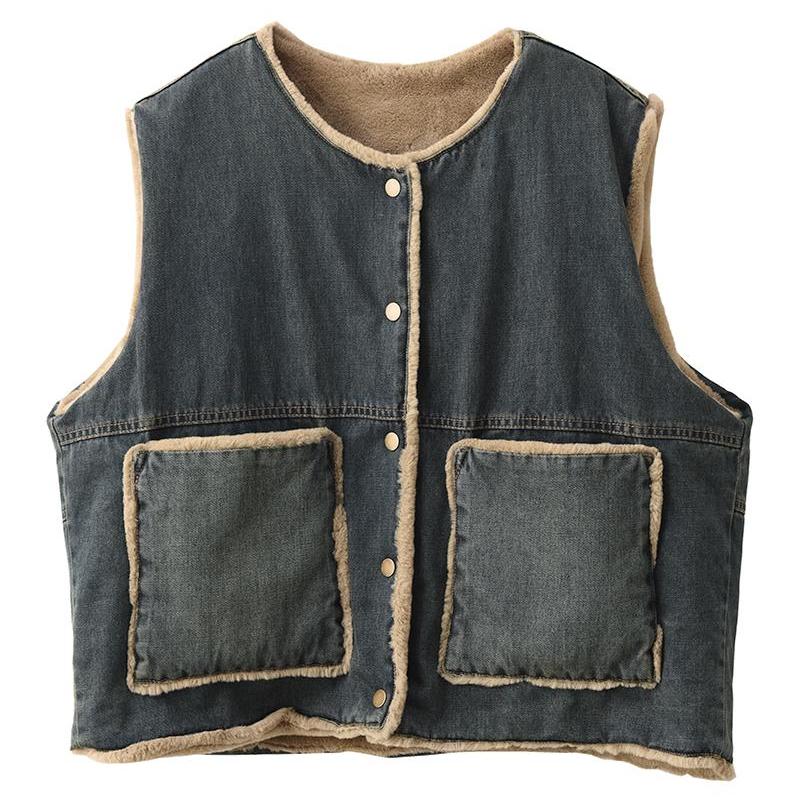 Babakud Women Winter Retro Thickened Denim Reversible Vest