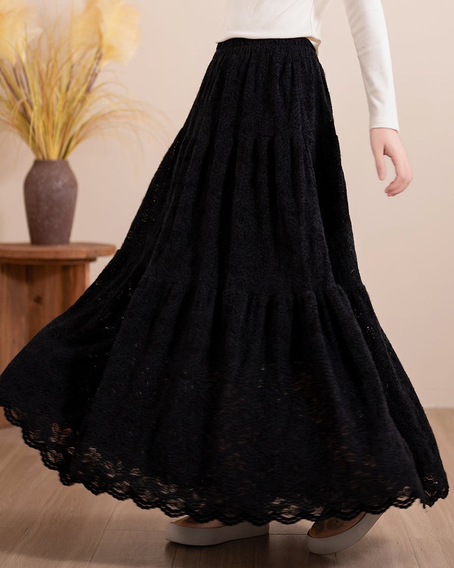 Women Winter Retro Lace A-line Skirt with Butterfly Cutouts