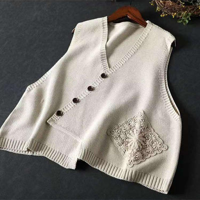 Women Spring Lace Appliqué Knit Loose-Fit Layered Vest