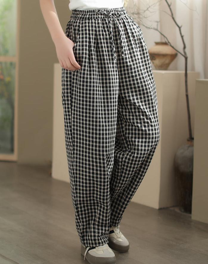 Women Cozy Loose Plaid Elastic Waist Padded Cotton Pants