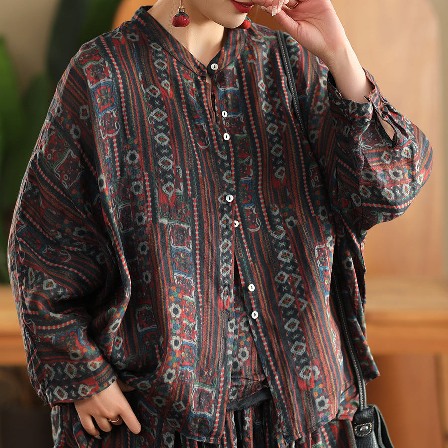 Women Spring Retro Printed Floral Ramie Shirt Blouse