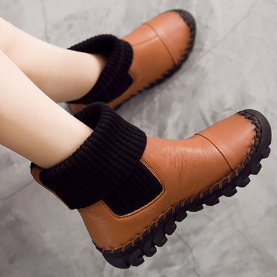 Women Knitted Spliced Genuine Leather Fleece Lining Warm Boots