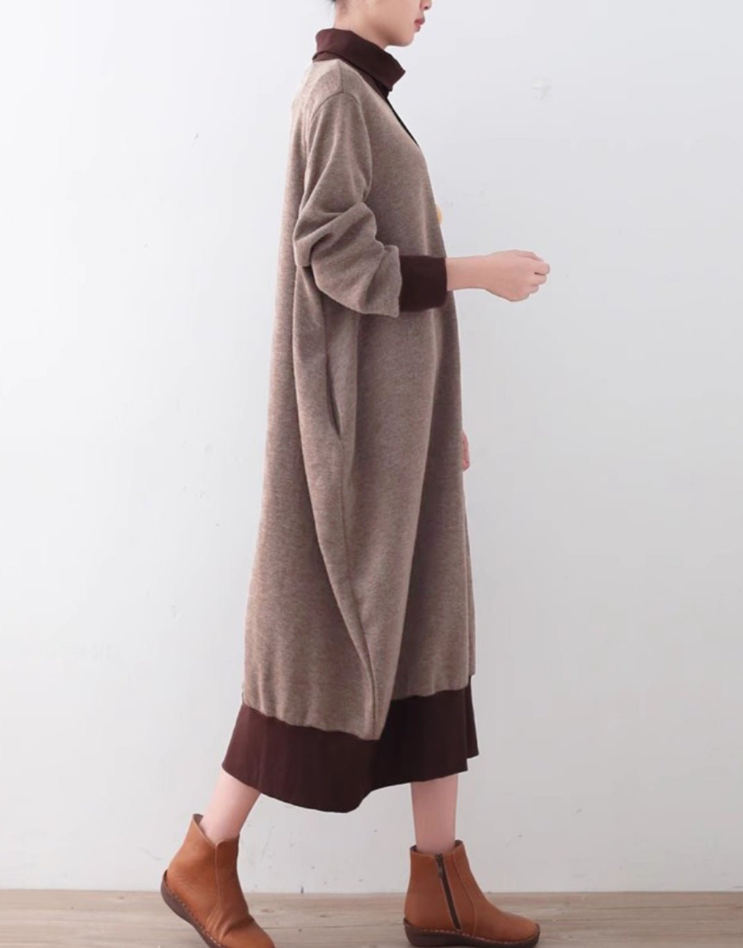 Loose Thickened Warm Turtleneck Color Block Dresses