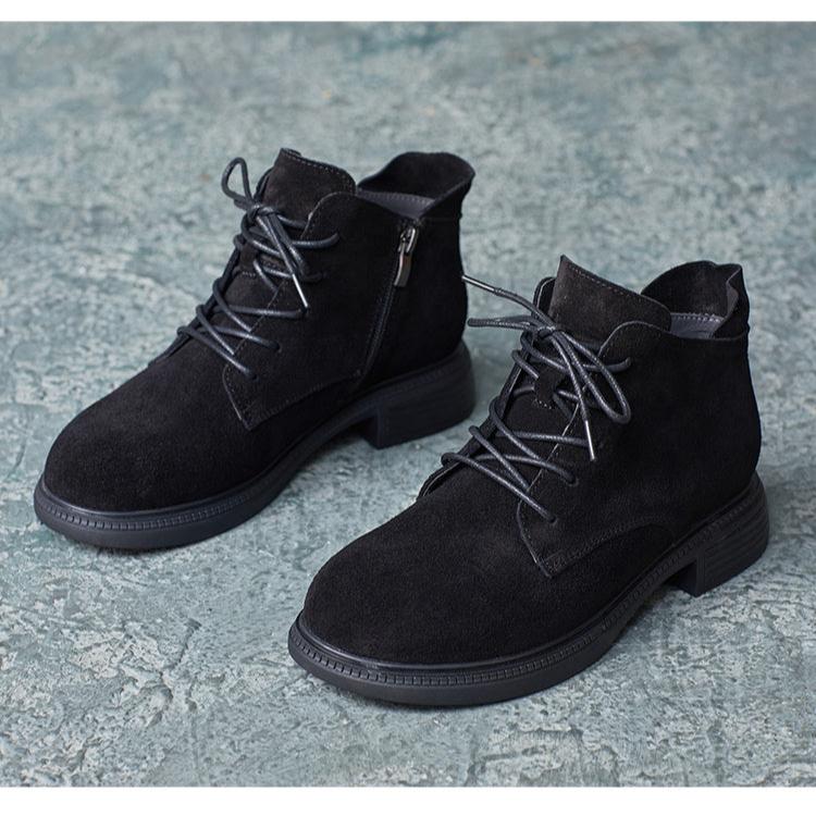 Babakud Women Winter Retro Genuine Suede Leather Lace-Up Short Boots