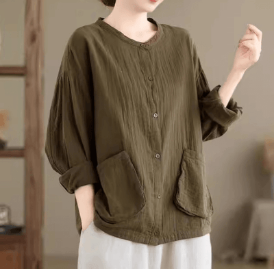 Babakud Women Autumn Artistic Big Pocket Cotton Blouse