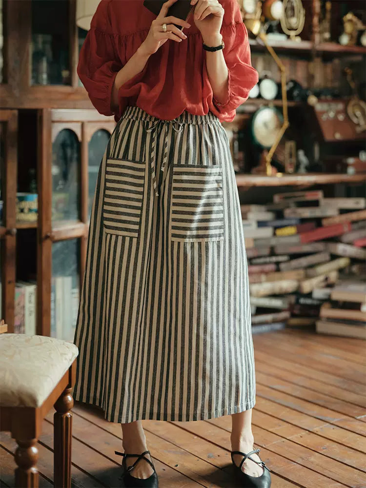 Babakud Women Summer Blue Striped Cotton Linen Skirt
