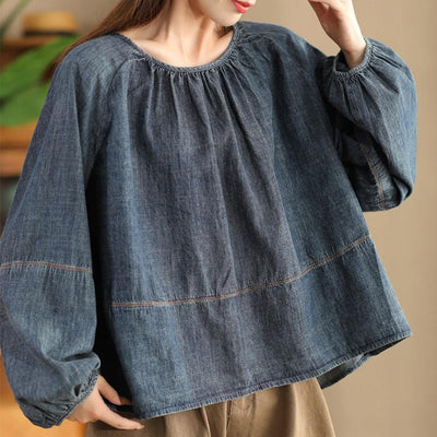 Babakud Women Autumn Retro Lantern Sleeves Denim Top