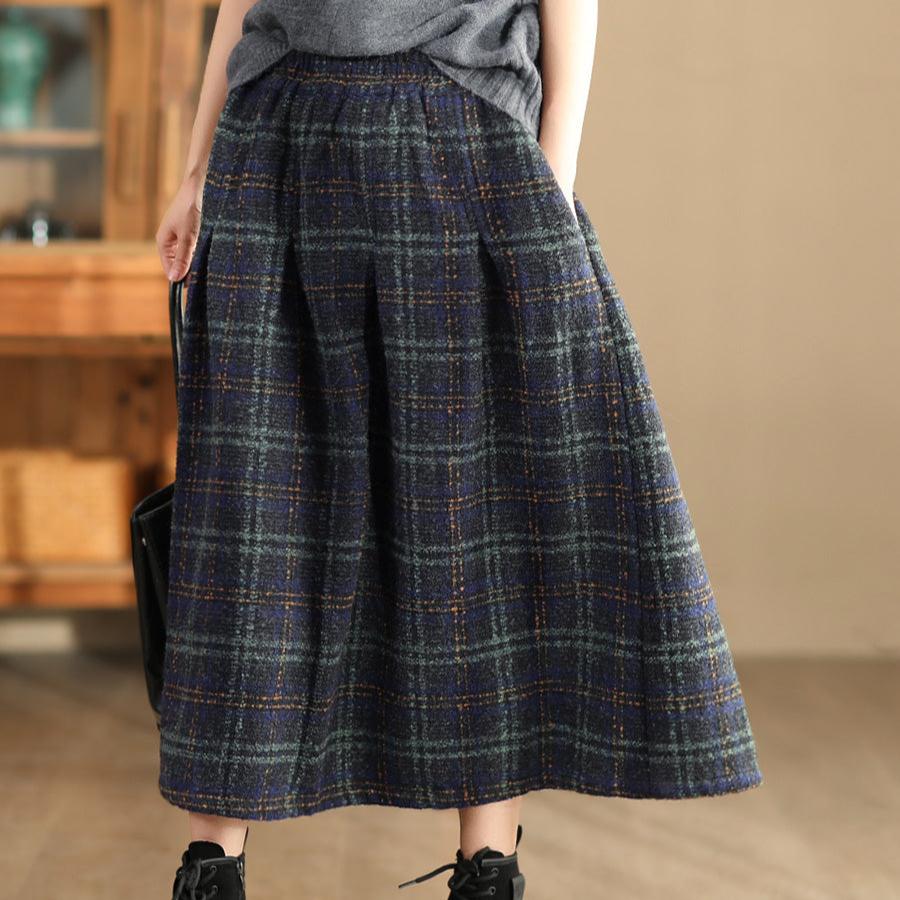 Babakud Women Autumn Retro Plaid Woolen A- Line Skirt