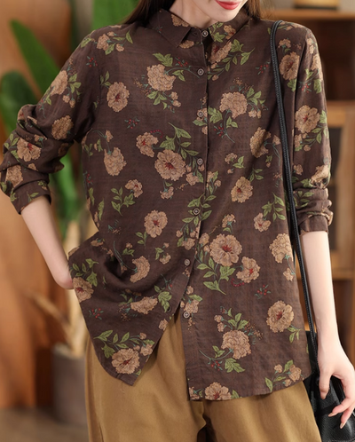 Babakud Women Autumn Retro Cotton Floral Printed Shirt