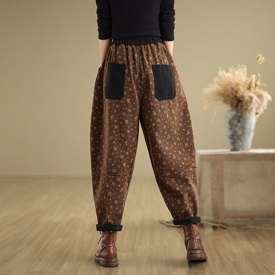 Babakud Women Winter Fleece-Lined Printed Relaxed-Fit Denim Harem Pants