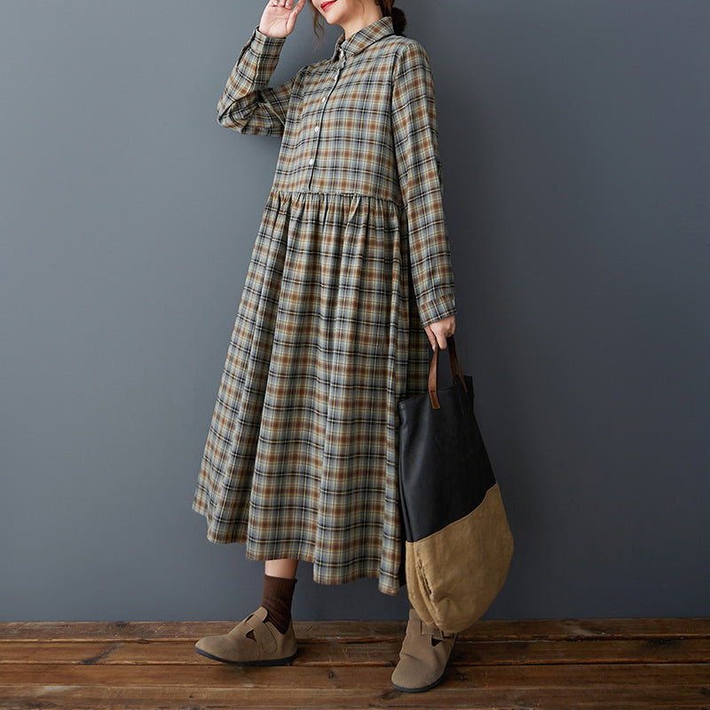 Babakud Women Spring Retro Plaid Cotton Long Dress