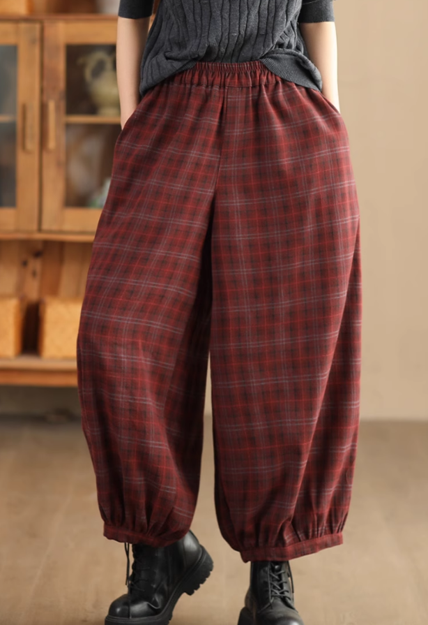 Babakud Women Autumn Retro Plaid Woolen Harem Pants