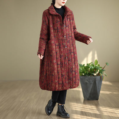 Babakud Women Winter Plus Size Floral Cotton Linen Quilted Fleece- Lined Coat