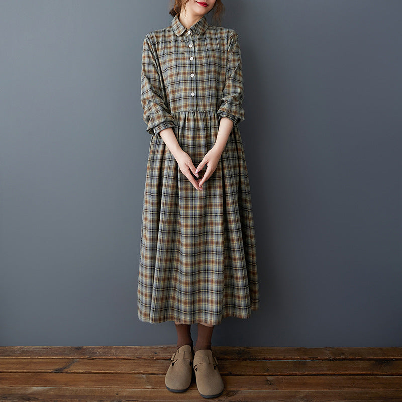 Babakud Women Spring Retro Plaid Cotton Long Dress