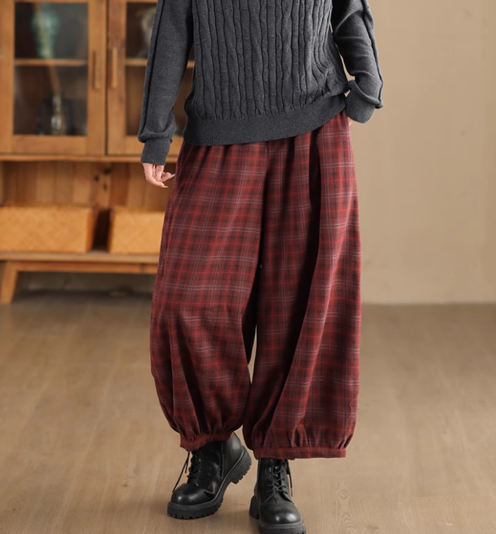 Babakud Women Autumn Retro Plaid Woolen Harem Pants