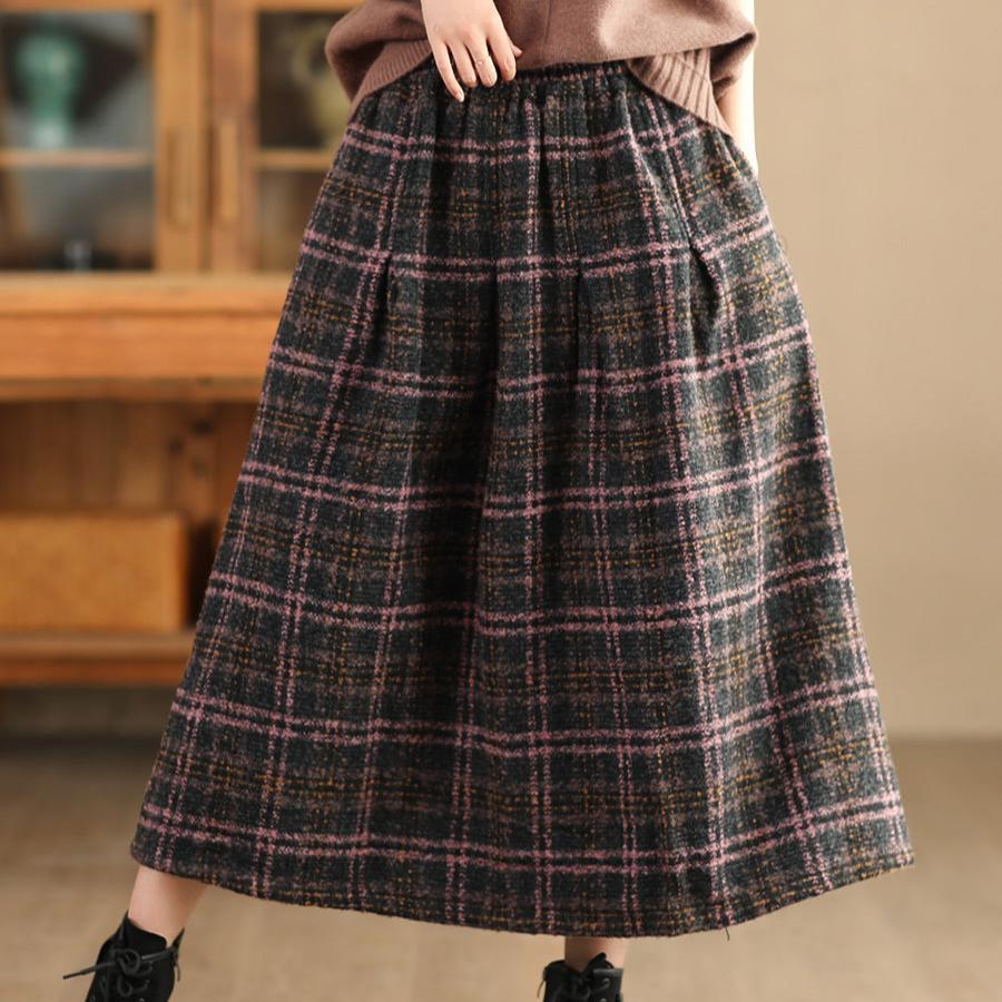 Babakud Women Autumn Retro Plaid Woolen A- Line Skirt