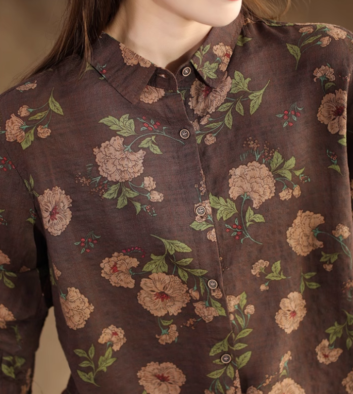 Babakud Women Autumn Retro Cotton Floral Printed Shirt