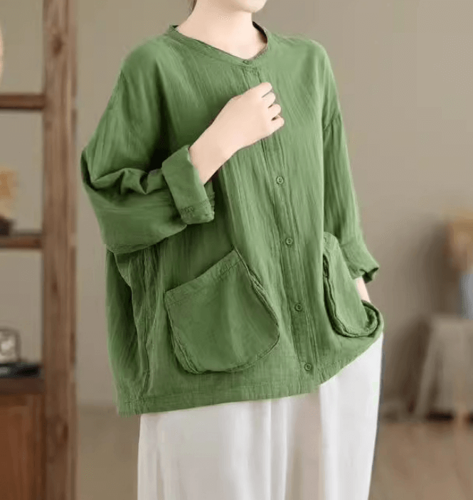 Babakud Women Autumn Artistic Big Pocket Cotton Blouse