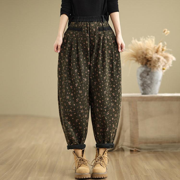 Babakud Women Winter Fleece-Lined Printed Relaxed-Fit Denim Harem Pants