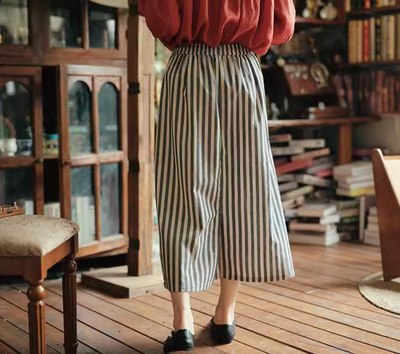 Babakud Women Summer Blue Striped Cotton Linen Skirt