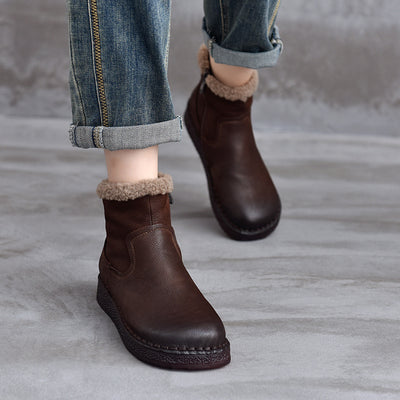 Babakud Women Winter Fleece-Lined Leather Round Toe Short Boots