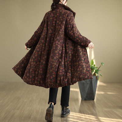 Babakud Women Winter Plus Size Floral Cotton Linen Quilted Fleece- Lined Coat