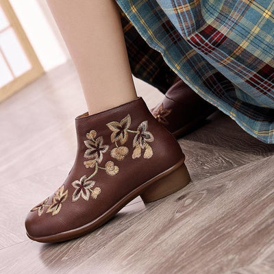 Babakud Women Winter Embroidered Fleece- Lined Leather Short Boots